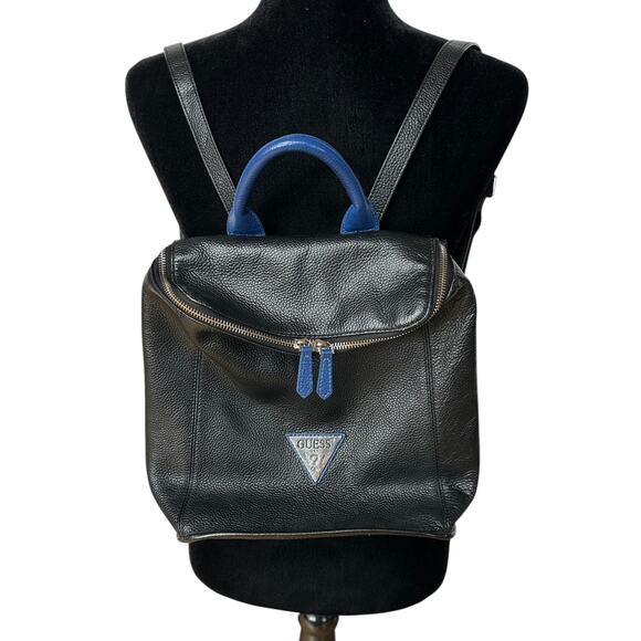 Guess Backpack Black Blue Pebbled Leather Silver Metal Logo Bag 10"x11.75"x4" - Picture 1 of 12